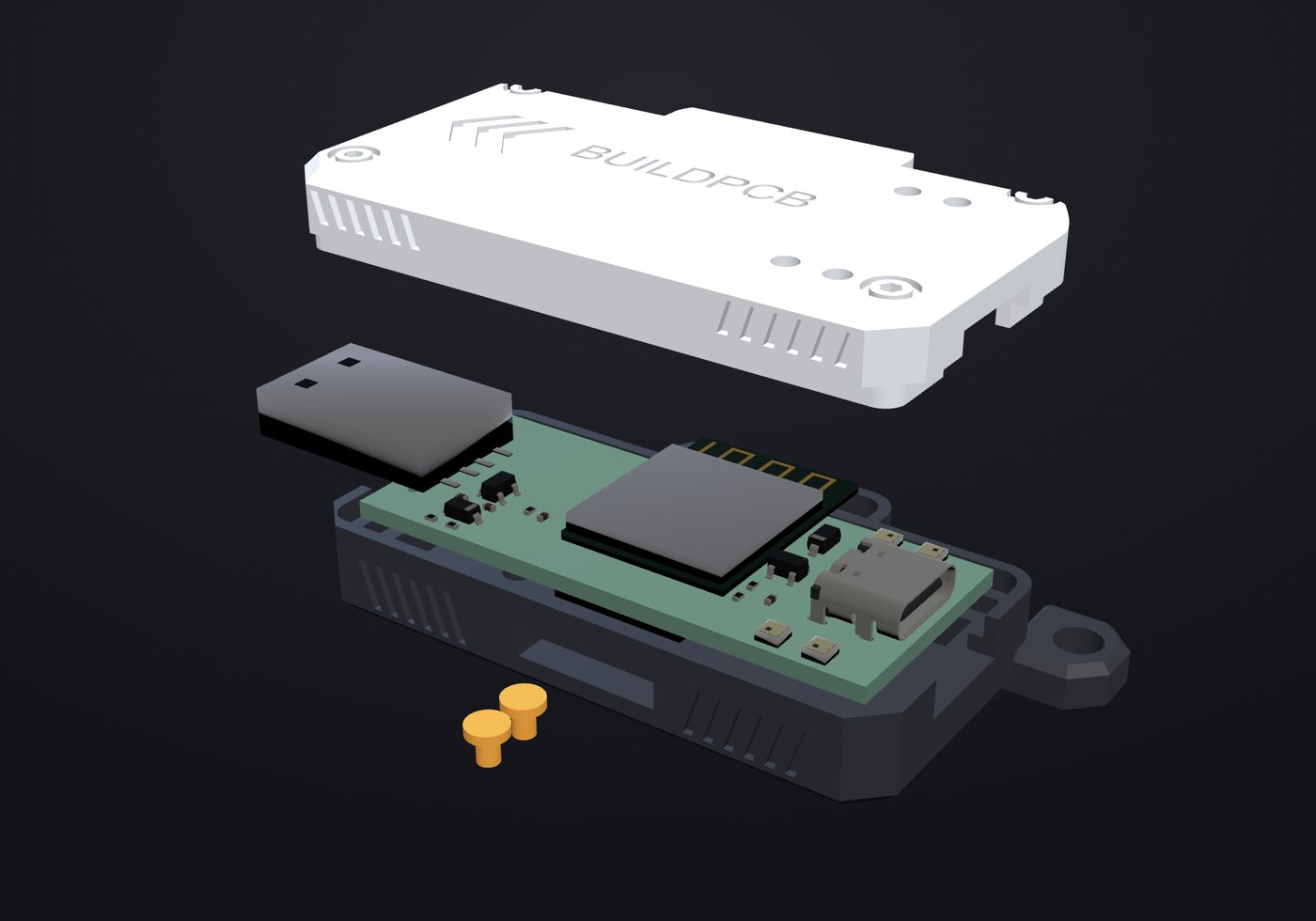 A 3D-printable case designed by BuildPCB around a real board: lid, base and printed buttons