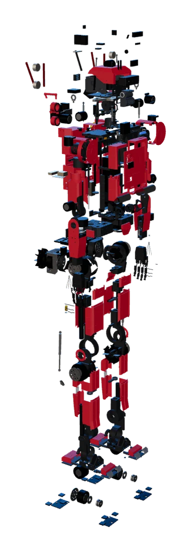 The same humanoid droid in an exploded view showing every part