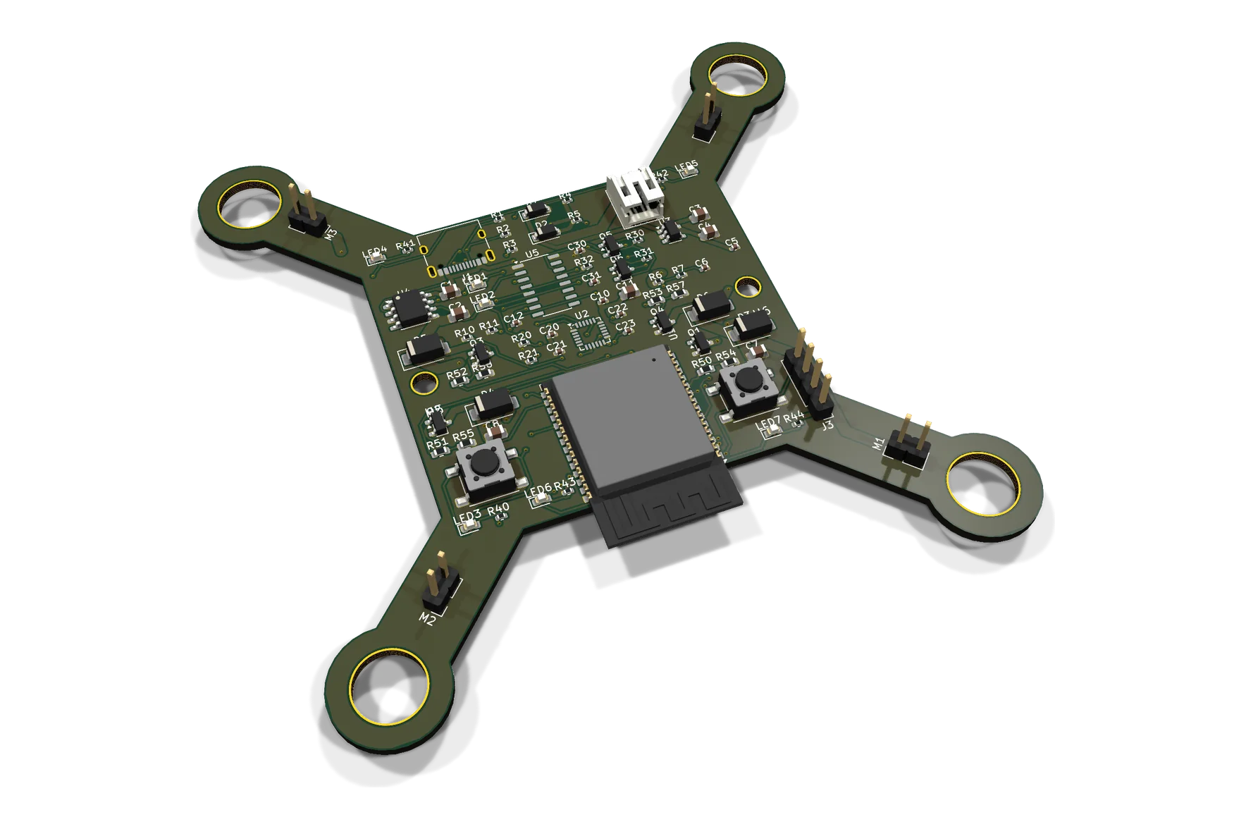 AI-designed quadcopter PCB with ESP32, MPU-6050 motion sensor, four MOSFET motor drivers and USB-C
